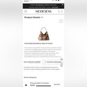 Ralph Lauren the Purple label PLAID MEDIUM BRIDLE BAG IN TAUPE